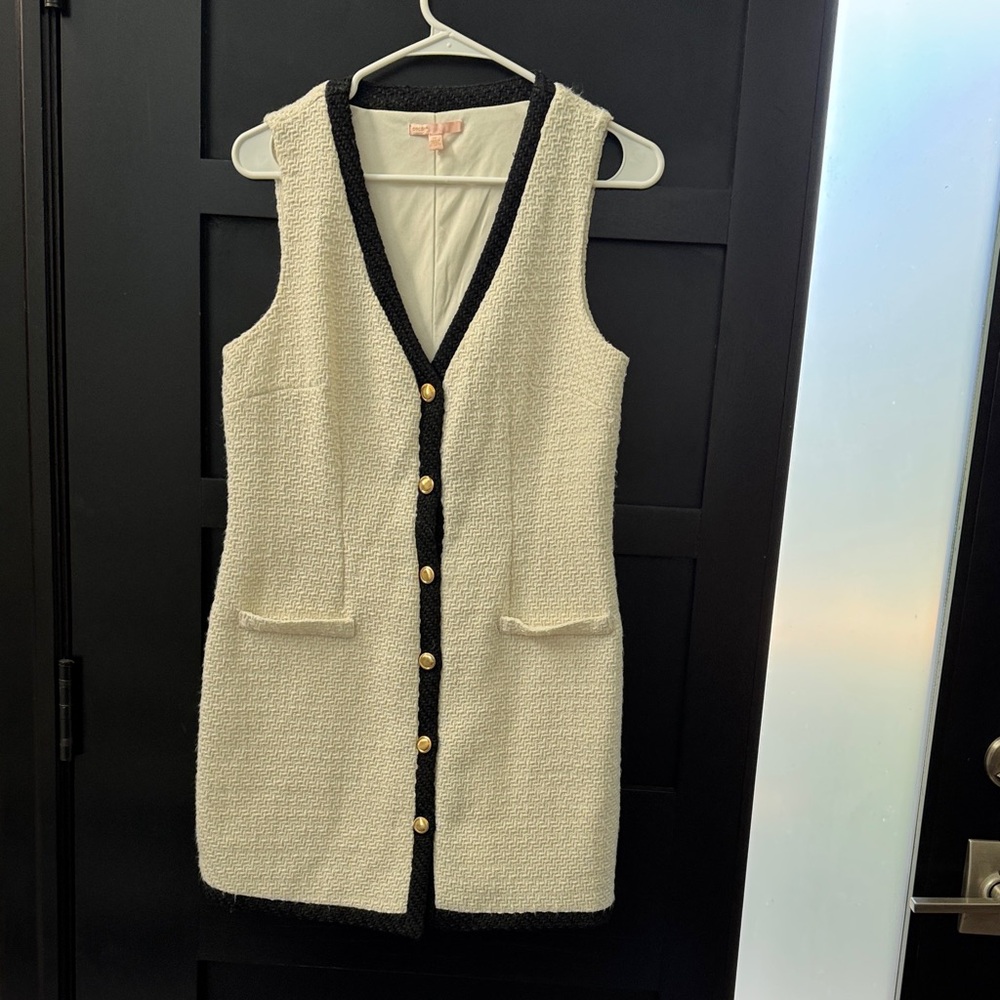 BeBop Cream Mini Dress with Black Trim and Gold Buttons